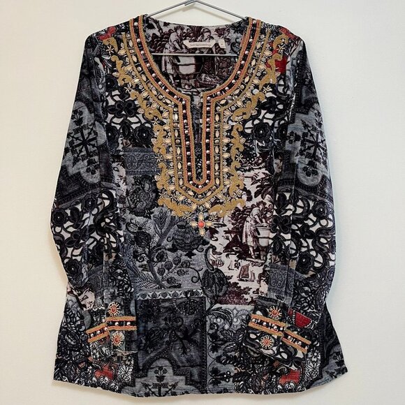 Soft Surroundings Velvet Floral Patchwork Beaded Gemmed Long Sleeve - Size M - Picture 1 of 13